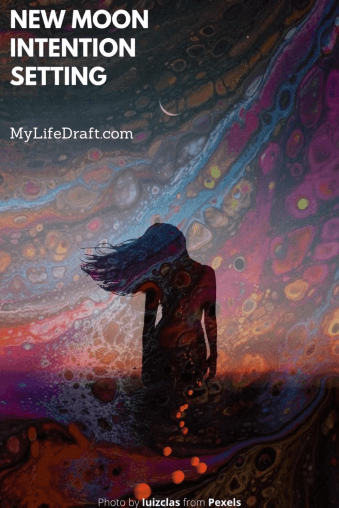 Multicolour pinterest post, girl, new moon, intention setting