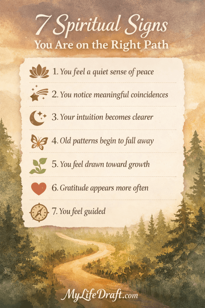 Infographic showing 7 spiritual signs you are on the right path including peace, intuition, gratitude, and personal growth.