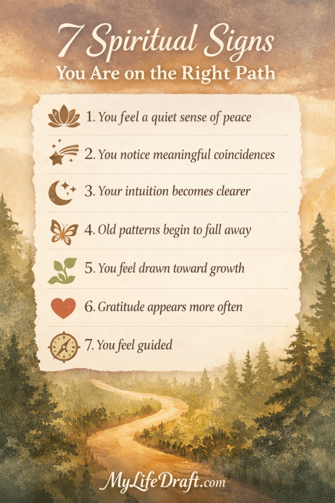 Infographic showing 7 spiritual signs you are on the right path including peace, intuition, gratitude, and personal growth.
