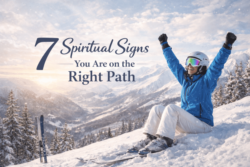 Woman celebrating after skiing down a mountain representing spiritual signs you are on the right path