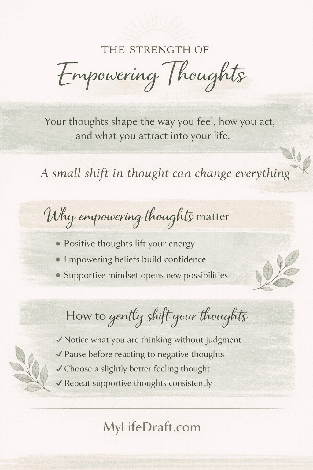 Infographic for mindset and empoweing your thoughts to make you feel better about your life. Pinterest post